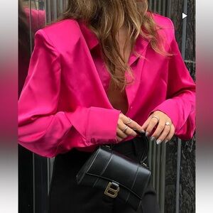 NA-KD Satin shoulder pad blouse shirt hot pink fuchsia